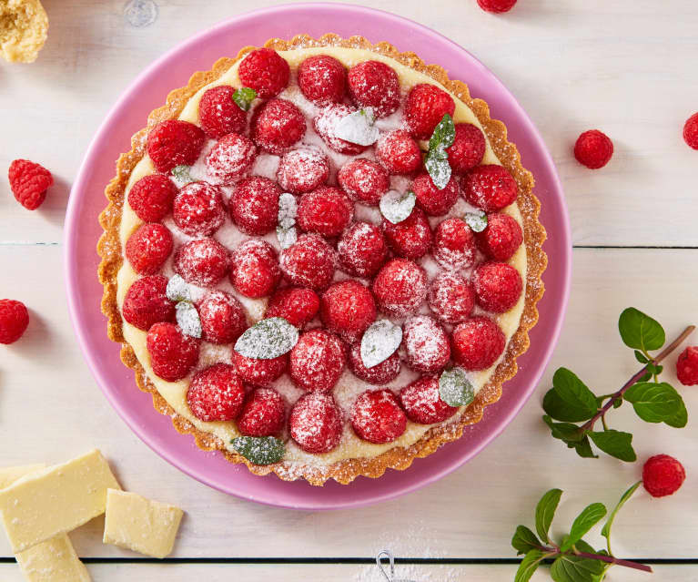 Tarta de chocolate blanco con frambuesas